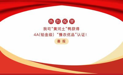 【喜報】—我司黃河土鴨獲4A(鉑金級）“豫農(nóng)優(yōu)品”認(rèn)證！